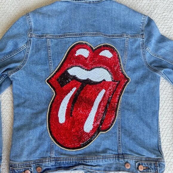 Red Sequin Rock and Roll Rolling Stones Tongue with Rhinestones Jean Jacket - Picture 1 of 5